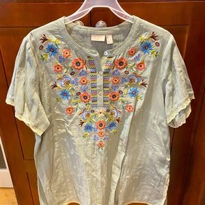 LOGO Lavish by Lori Goldstein size Large cotton embroided top Sage/Green BNNW